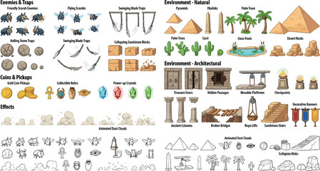 Ancient Egyptian Desert Environment Game Asset Vector Kit Featuring Pyramids Tombs Traps Coins Obstacles And Outline Icons For Creative Side Scroller Level Design © Md