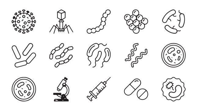 Microbiology line icons set of 15 vector elements, bacteria and virus symbols for medical research, laboratory science and healthcare infographics isolated on White Background