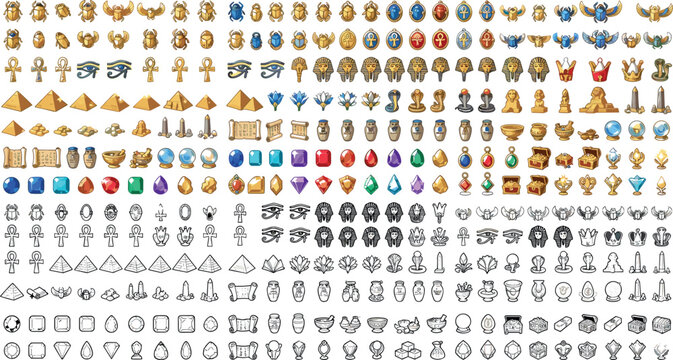 Ancient Egyptian RPG Game Asset Vector Kit Featuring Pyramids Scarabs Ankh Symbols Pharaoh Statues Treasures And Outline Icons For Creative Side Scroller UI Level Design