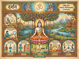 Obraz premium depicting the six schools of Indian philosophy (Darshan), with a central meditating figure, chakras, sacred symbols, 