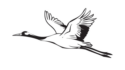 Obraz premium Black and white flying crane vector, bird silhouette, wildlife illustration, decorative design element
