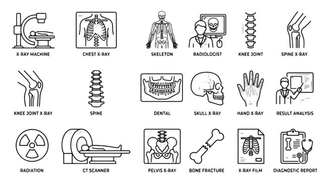 Medical x-ray line icons set, radiology diagnostic equipment symbols, healthcare imaging vector collection for hospital clinics isolated on White Background