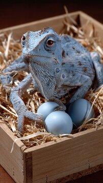 Blue reptile guarding three eggs in a wooden crate for wildlife education.