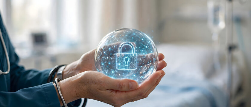 Healthcare professional holding a holographic security sphere for protected medical data