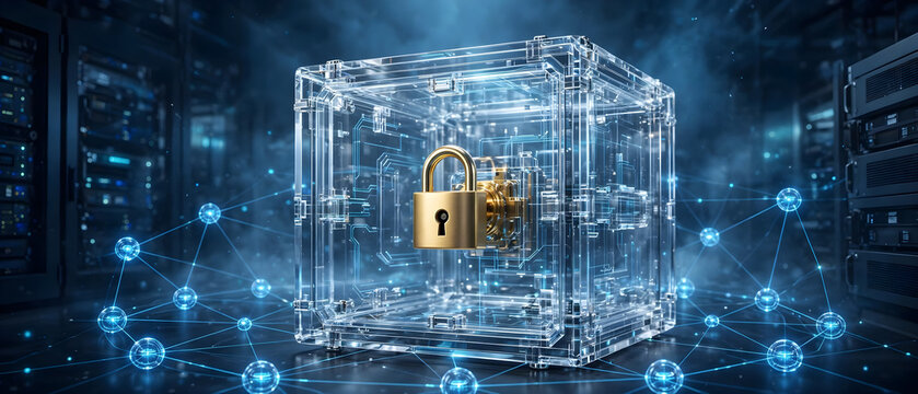 Transparent data vault secured by a golden padlock inside a modern server room