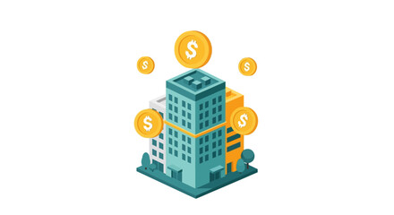 Naklejka premium Isometric Real Estate Investment Illustration with Buildings and Floating Dollar Coins, Conceptual Property Value and Mortgage Concept for Finance and Banking