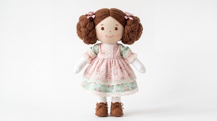 Fototapeta premium Handmade fabric doll with braided yarn hair wearing a floral dress standing on white background