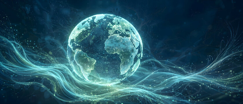 Glowing digital Earth surrounded by flowing global data streams on a dark technology background