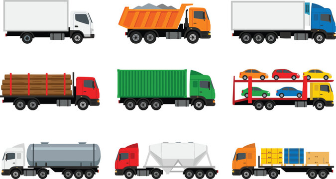 Flat Color Commercial Cargo Trucks Vector Set Featuring Box Van Dump Truck Car Transporter Container Logging Tanker Cement and Flatbed Delivery Vehicles