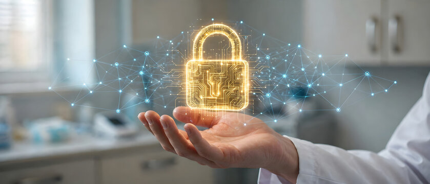 Healthcare professional presenting a golden holographic padlock for secure medical information