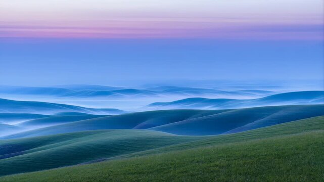 Hills Covered in Low Fog During Early Morning with a Gradient Sky at Sunrise Featuring Landscape, Nature, Peaceful with Serene and Calm Elements