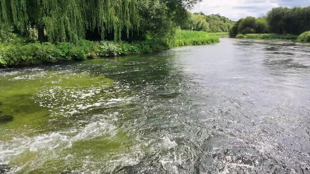 Fullerton Hampshire England UK. 29.06.2026. Video. A tranquil river winds its way through verdant foliage, with weeping willows lining the banks under a dramatic sky