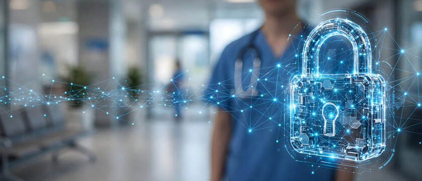 Medical worker standing behind a glowing holographic padlock and connected healthcare network