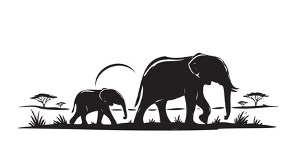 Black silhouette elephants, elephant family, savannah wildlife, vector icons © Uttom Kumar
