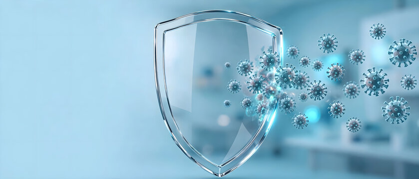 Transparent shield blocking a stream of virus particles in a clean clinical environment
