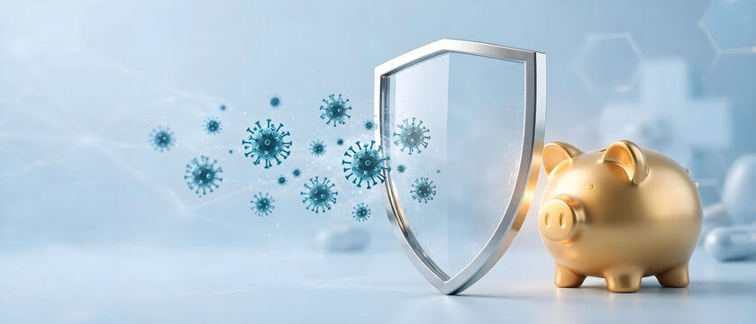 Golden piggy bank protected by a transparent shield from virus related financial risk