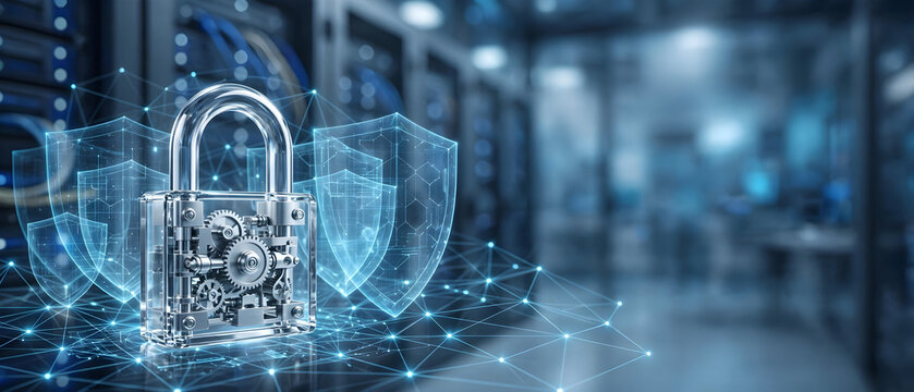 Transparent mechanical padlock and digital shields protecting a connected server network