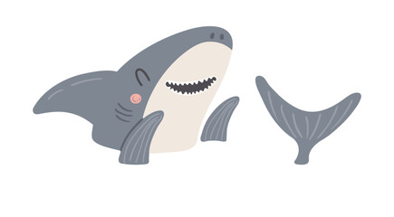 Fototapeta premium Cute friendly shark head, fins, tail illustration isolated. Kawaii cartoon character. Wild animal, marine, aquatic life, wildlife, fauna. Kids print, design element, clipart. Hand drawn flat vector