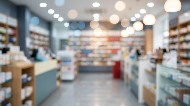 Blurred interior view of a modern pharmacy with illuminated shelves showcasing various healthcare products and a welcoming atmosphere