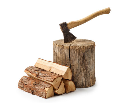 old axe on tree stump with wooden logs