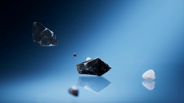 Luxury Gemstone Floating in a Blue Gradient Background with Reflections and Smaller Gemstones Featuring Reflective Surface, High-End Jewelry