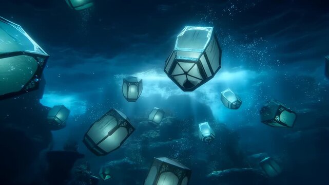 Magnific Floating Lanterns Drifting Through Underwater Cave Minimax Abstract Visual Background with Clean Commercial Design Style