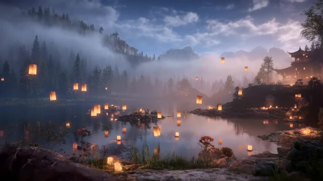 Floating Lanterns Drift on a Misty Lake Surrounded by Trees and Mountains at Dusk Featuring Serene, Peaceful, Night Scene with Water and Reflection