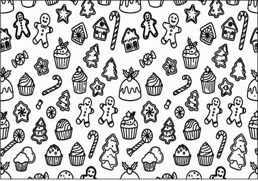 Christmas dessert seamless pattern with gingerbread cookies, candy canes, cupcakes