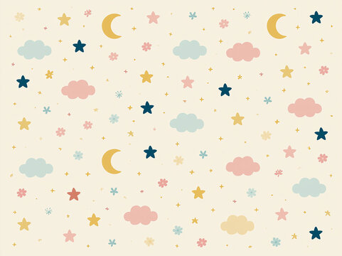 Seamless pattern with cute moon, stars, clouds and flowers