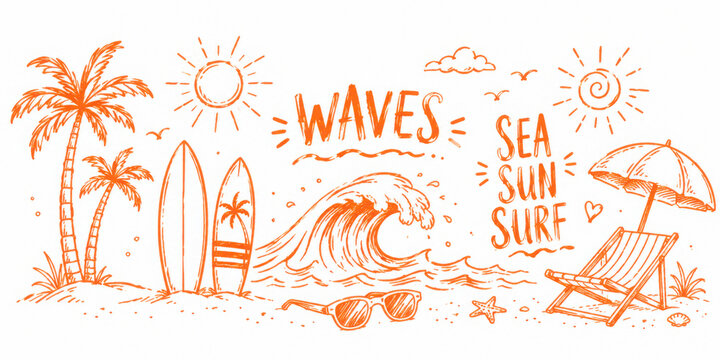 A collection of hand drawn summer beach icons and tropical elements in a vibrant orange color Vector, illustration