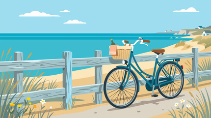 Fototapeta premium Vibrant turquoise bicycle with woven basket leaning against rustic sun-bleached wooden fence on sandy beach overlooking sparkling turquoise ocean waves under bright clear blue sky serene coastal