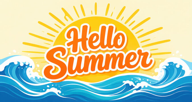 Hello summer. Banner set hello summer with sunburst. Sumer illustration. Text summer in lettering style. Vector