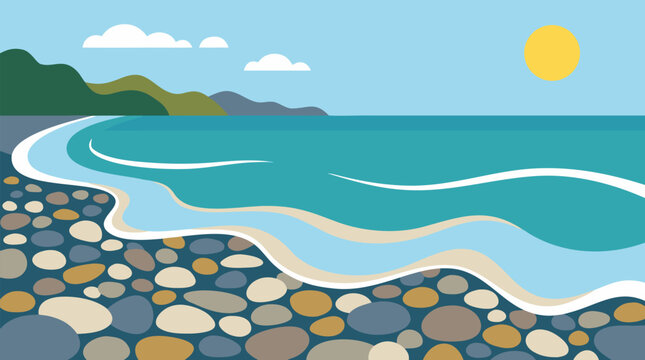 Vibrant flat vector illustration of gentle turquoise waves lapping over smooth colorful pebbles on a serene sunny shoreline with distant green hills fluffy clouds and bright yellow sun ideal for
