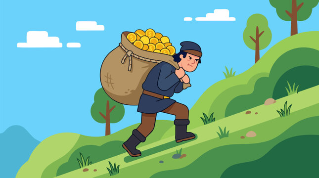 Determined peasant struggling with heavy burlap sack overflowing golden coins climbing steep lush green hill under bright blue sky financial success struggle concept vector illustration