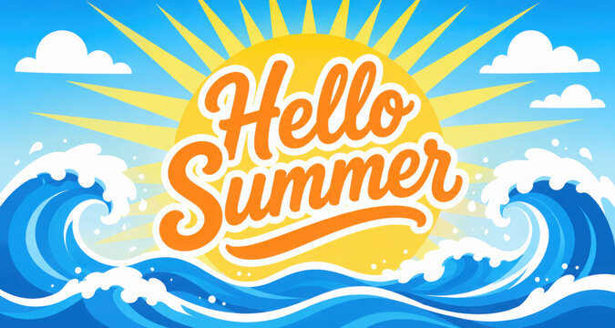 Hello summer. Banner set hello summer with sunburst. Sumer illustration. Text summer in lettering style. Vector