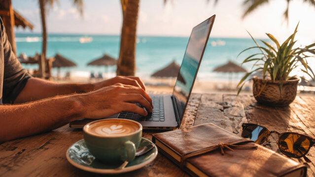 Digital nomad working on laptop at beach cafe table with coffee and notebook, remote work lifestyle concept, male freelancer typing on computer outdoors