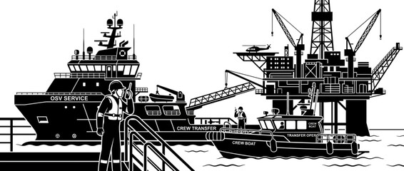 Obraz premium Offshore Oil Rig Support: Vessels and Workers in Industrial Marine Scene
