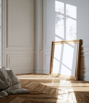 Empty room interior with gold mirror leaning near wooden floor