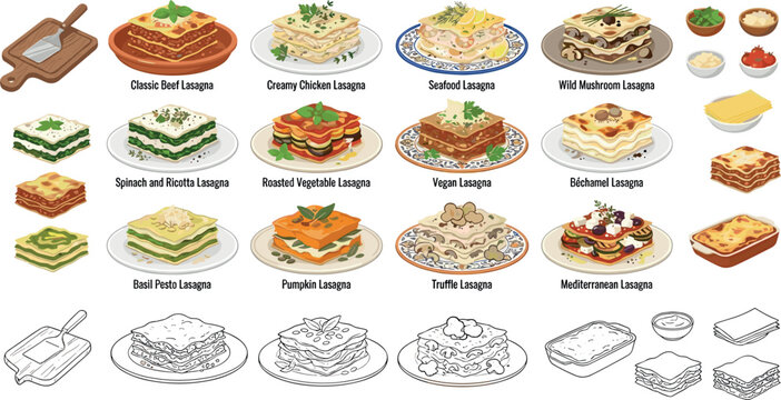 Gourmet Lasagna Dishes and Italian Pasta Recipes Vector Element Set with Chicken Vegan Seafood Varieties and Outline Icons for Restaurant Menu Designs 