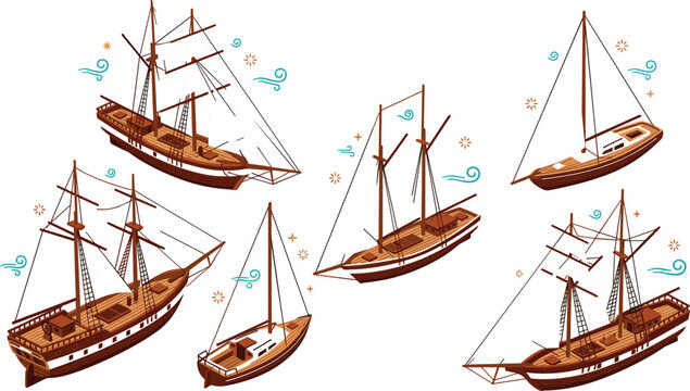 Isometric Historic Wooden Sailing Ships Vector Set Featuring Vintage Galleons Caravels Brigantines and Traditional Sailboats with Decorative Star and Wind Elements