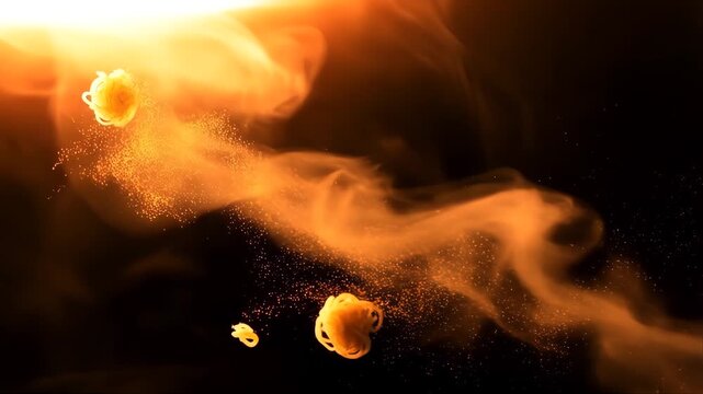 Floating Noodles and Spices Spiraling Through Dark Background with Glowing Light Featuring Culinary, Cooking, Food with Asian Cuisine and Noodle Dish