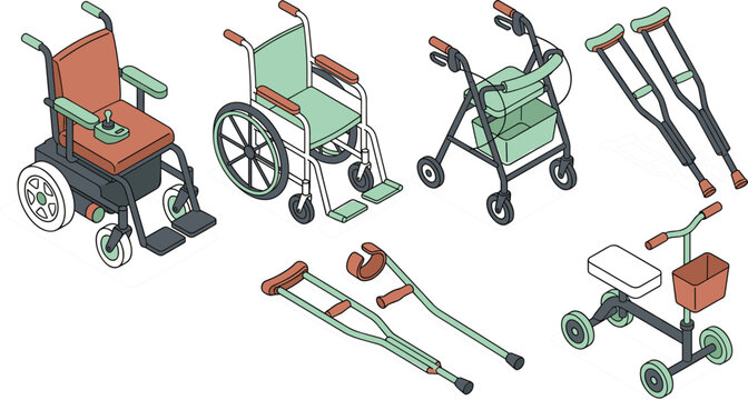 Isometric Mobility Aids Vector Icon Set Featuring Electric Wheelchair Standard Manual Wheelchair Rollator Walker Forearm Crutches Underarm Crutches and Knee Scooter