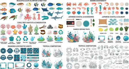 Marine Life and Ocean Animals Mega Vector Element Set with Fish Coral Reef Seafood and Marine Conservation Icons for Creative Designs © Md