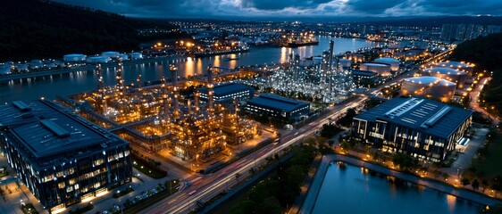 Fototapeta premium Aerial view of an illuminated industrial complex with long exposure traffic lights for urban planning, against a twilight background.