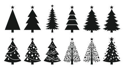 Obraz premium Christmas tree vector collection featuring various black silhouette shapes for holiday season greeting card design projects