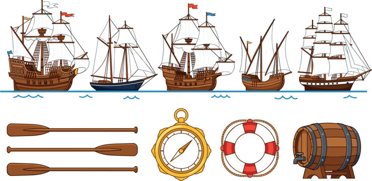 Vintage Wooden Sailing Ships Vector Set Featuring Historical Galleons Caravels and Navigational Icons with Wooden Oars Compass Lifebuoy and Water Barrel