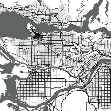 Minimal vector city map of Vancouver with streets, parks and waterfront