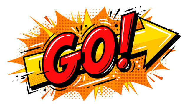 Vibrant comic book style GO exclamation mark.