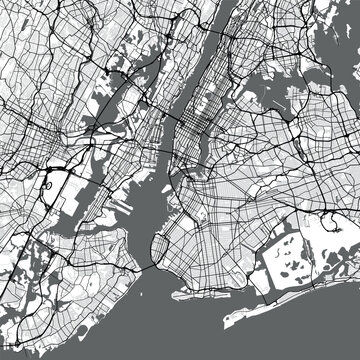 Minimal vector city map of New York City with streets, parks and waterways