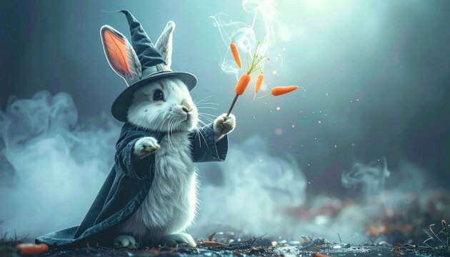 Whimsical rabbit wizard with magic wand.